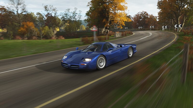 Blue Sports Car on Road — Dynamic, Autumn, 3d Render, Trees