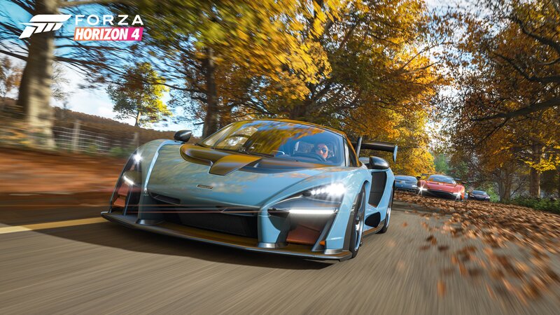 Blue Sports Car on Road — Dynamic, Autumn