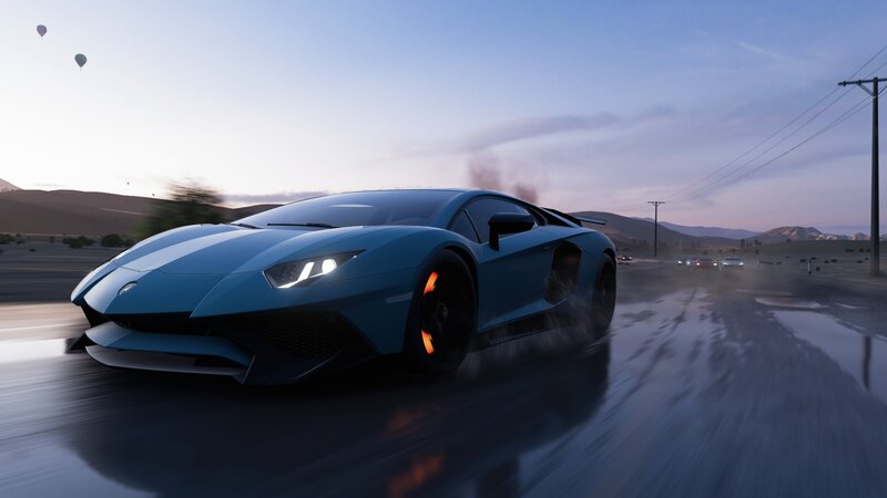 Blue Sports Car on Road — Dynamic, Sunset, 3d Render, Hot Air Balloons