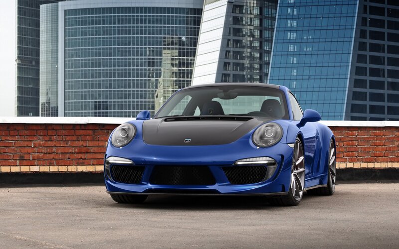 Blue sports car on rooftop