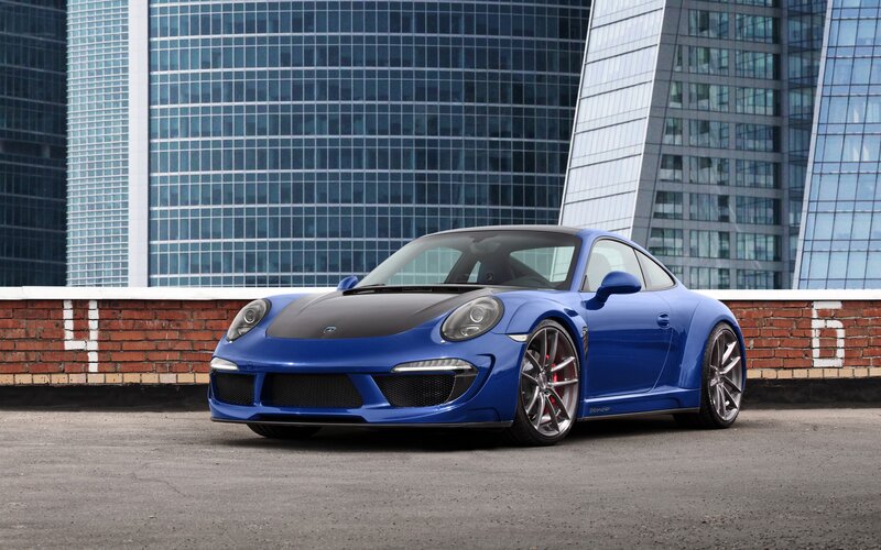Blue sports car on rooftop