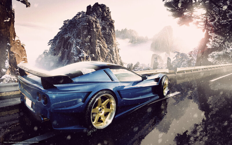 Blue sports car on snowy mountain road