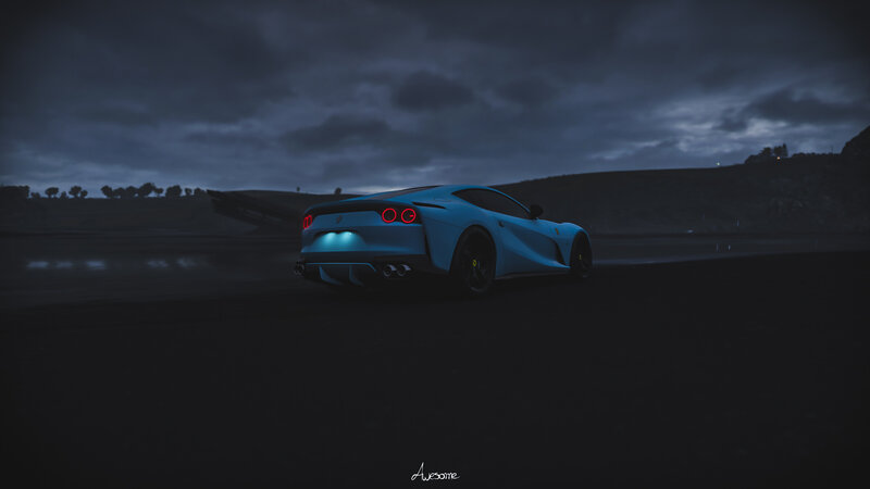 Blue Sports Car on Track — Dramatic, Night, 3d Render