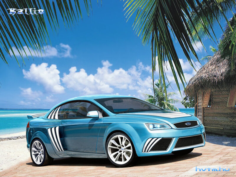 Blue sports car on tropical beach