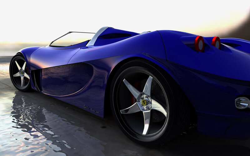 blue sports car on wet pavement