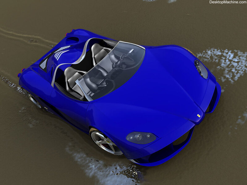 Blue sports car on wet sand
