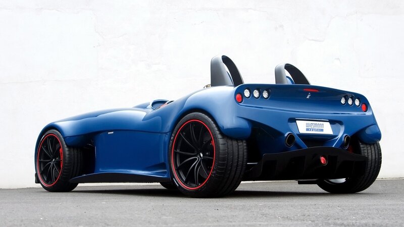 blue sports car rear view