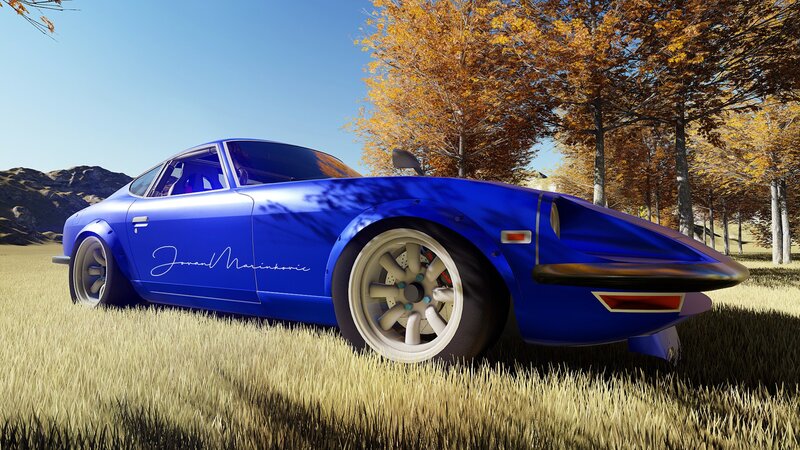 Blue Sports Car — Serene, Autumn, 3d Render, Trees, Grass