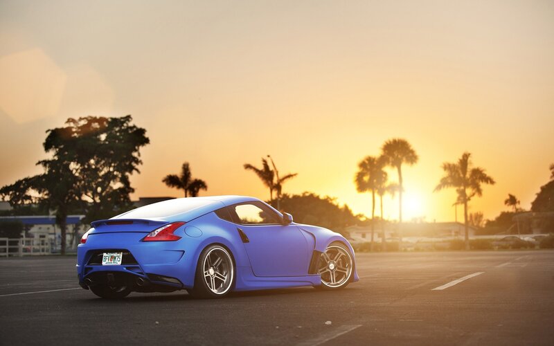 Blue Sports Car — Serene, Sunset, Photograph, Palm Trees