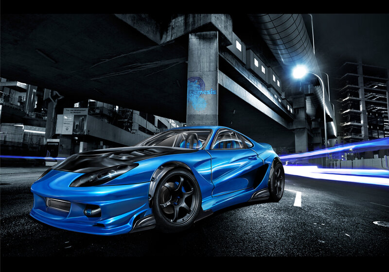 blue sports car under overpass