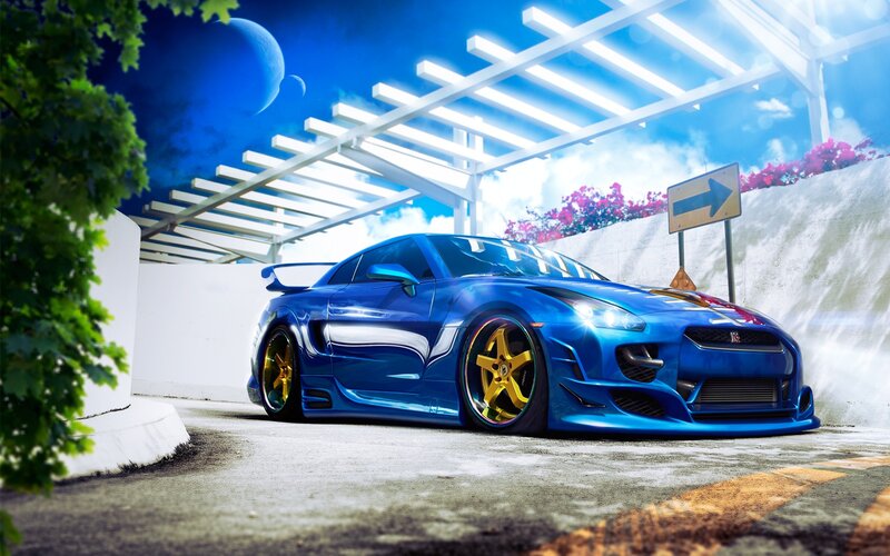 Blue sports car under pergola