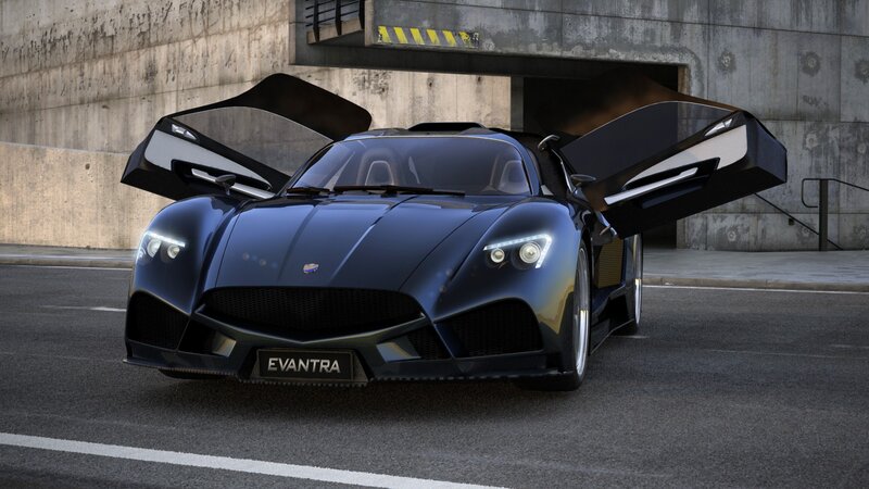 Blue sports car with doors open