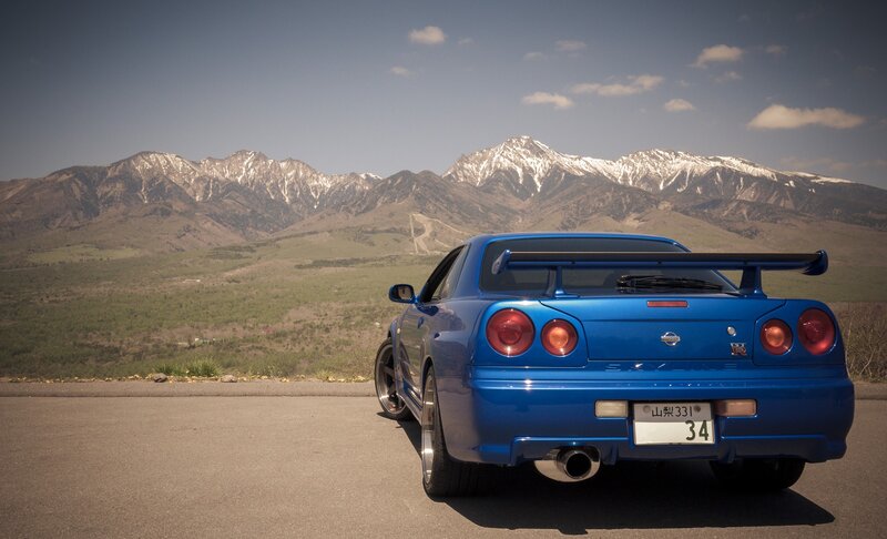 Blue sports car with mountain view