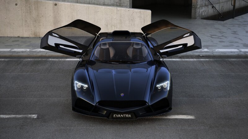 Blue sports car with open doors