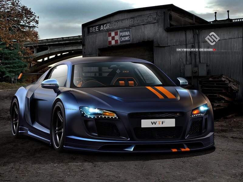 blue sports car with orange stripes