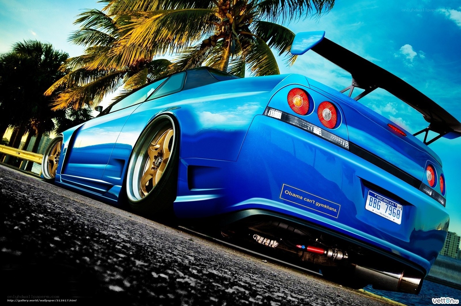 blue sports car with palm trees
