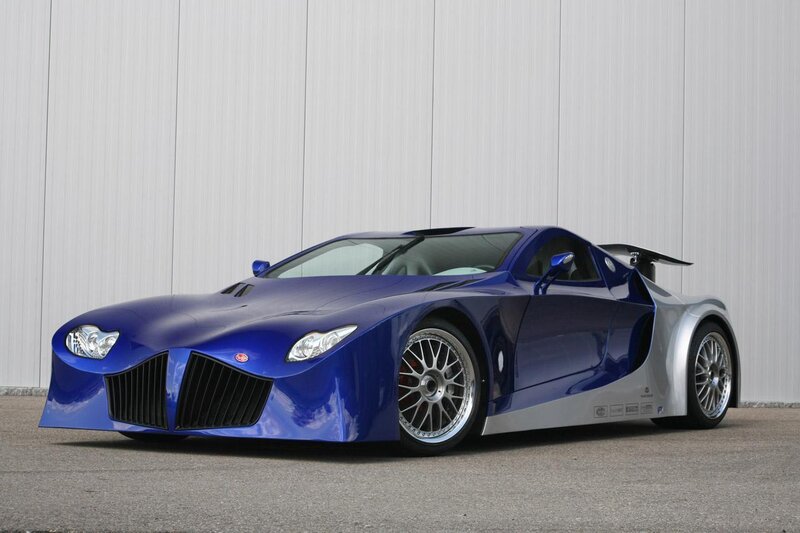 blue sports car with silver accents