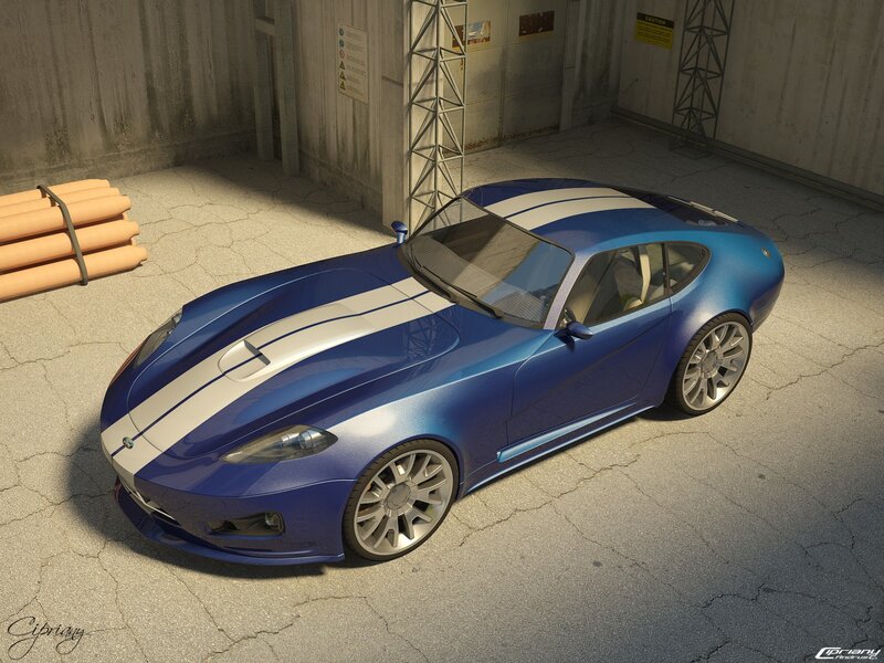Blue sports car with stripes