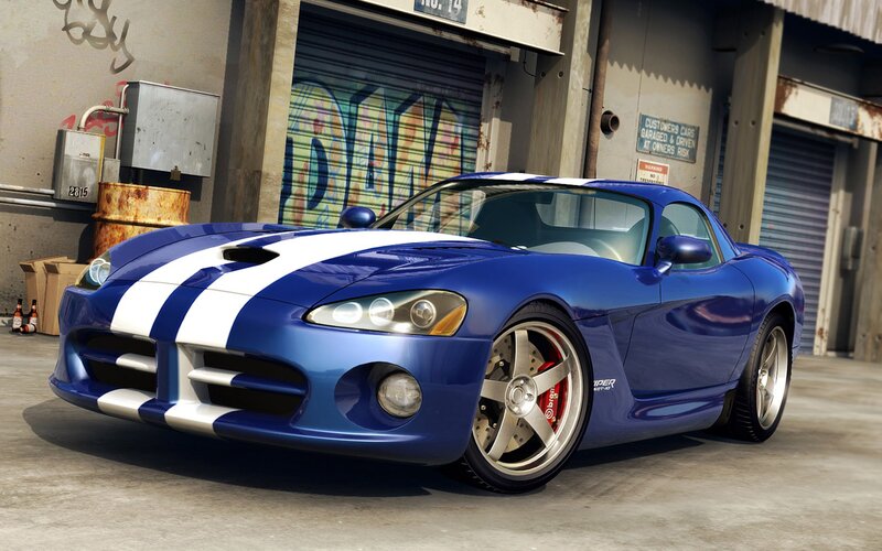 blue sports car with white stripes