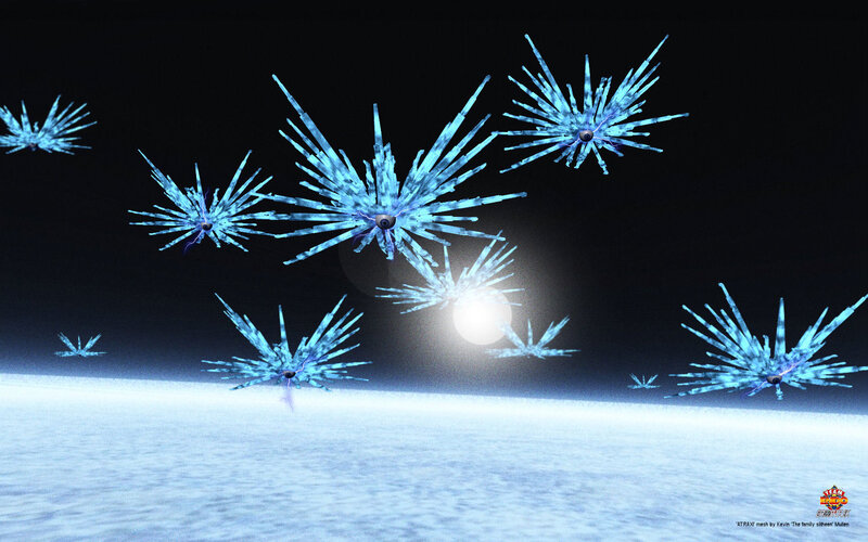Blue starfish-like creatures in space