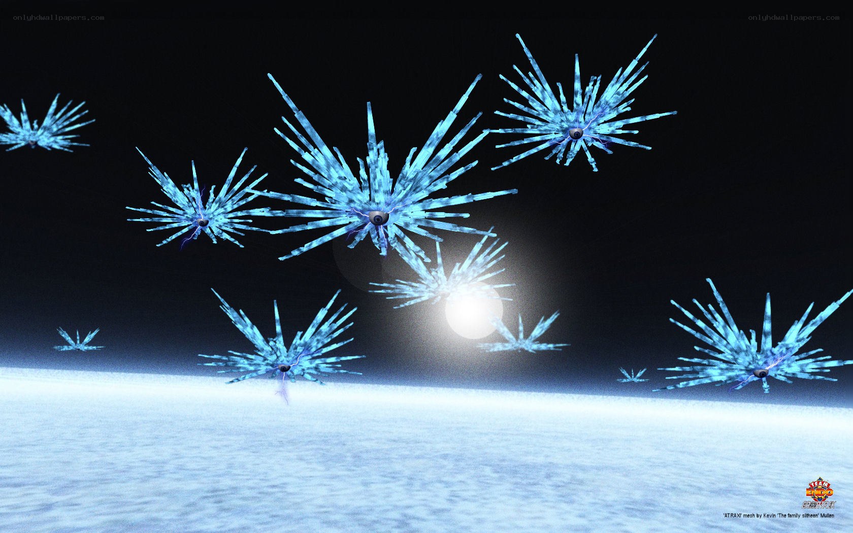 Blue starfish-like creatures in space