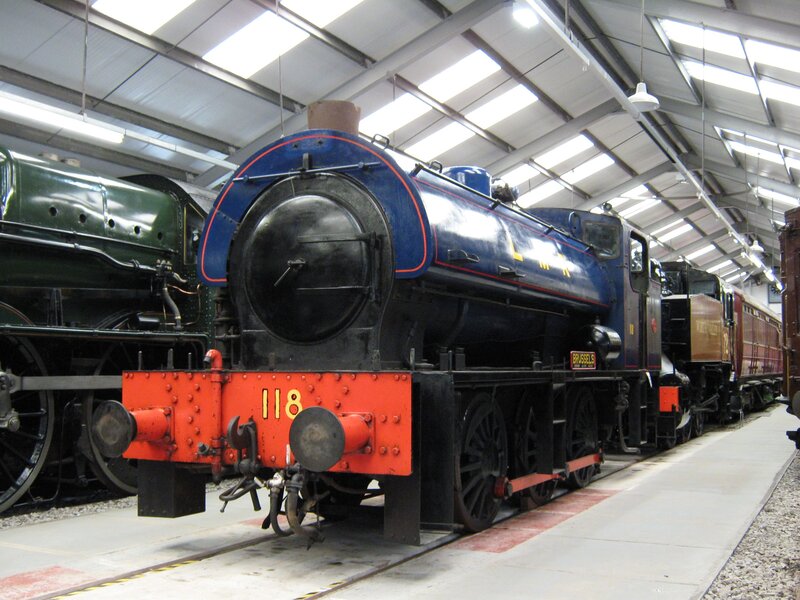 Blue steam locomotive on display