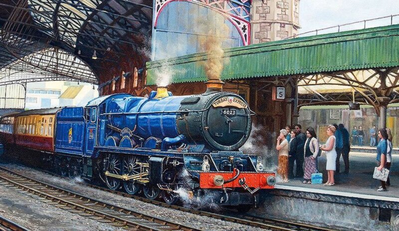 Blue Steam Train at Station