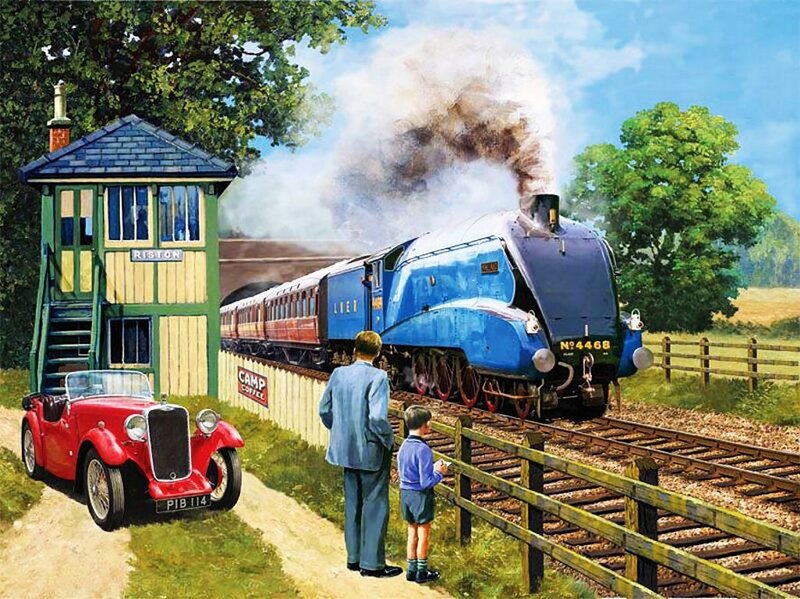 Blue Steam Train — Serene, Afternoon, Illustration