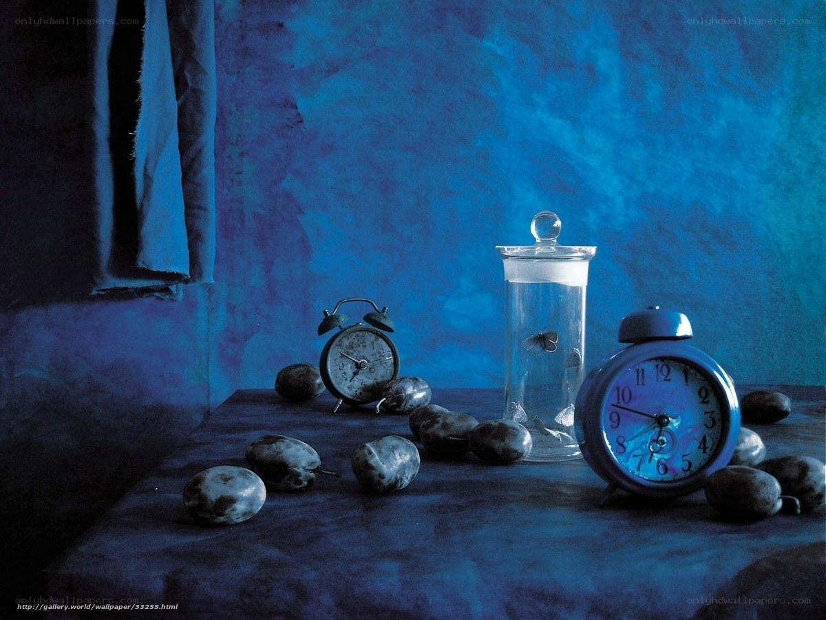 Blue still life with clocks and plums