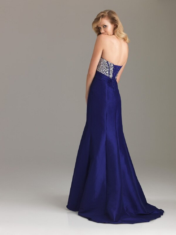 blue strapless evening gown
