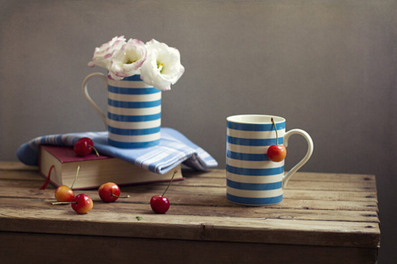 Blue-striped Mugs and Cherries