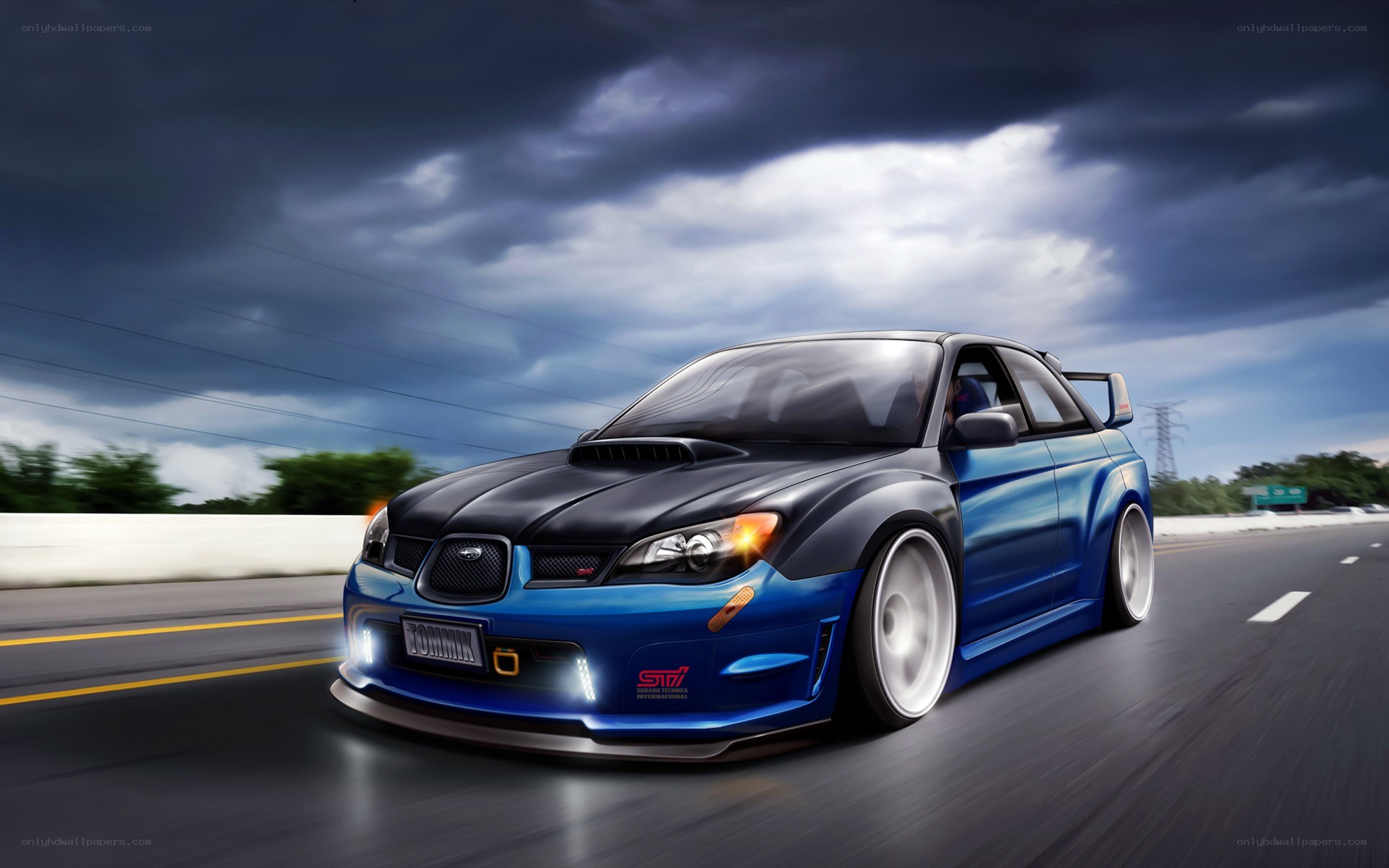 blue subaru on highway