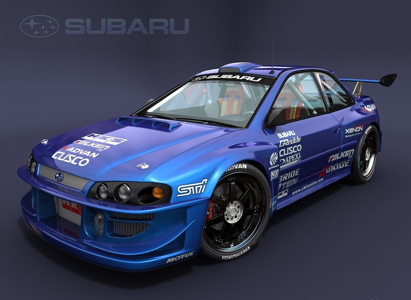 blue subaru rally car