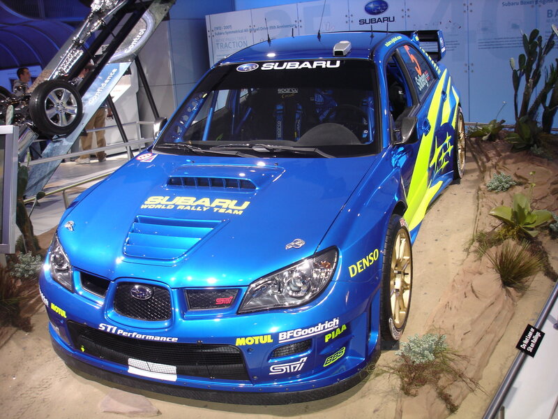 Blue Subaru rally car on display