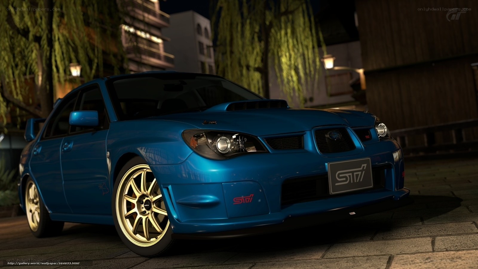 Blue Subaru STI at night