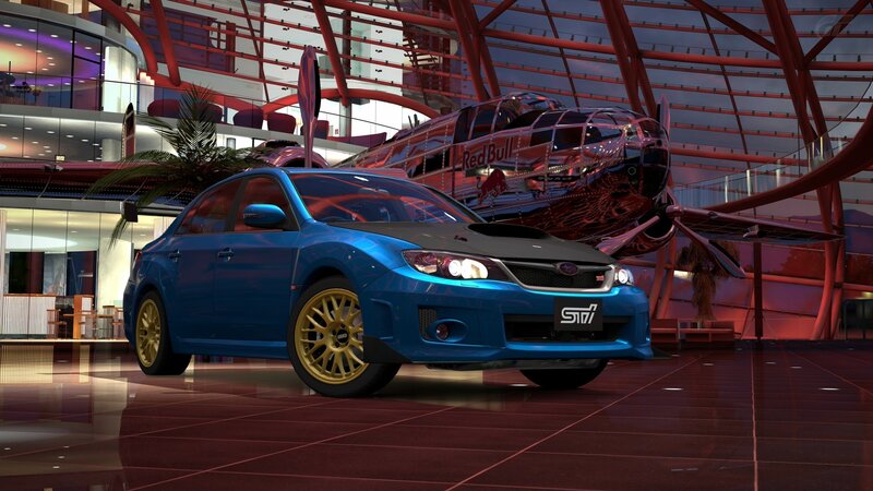 Blue Subaru STI in showroom