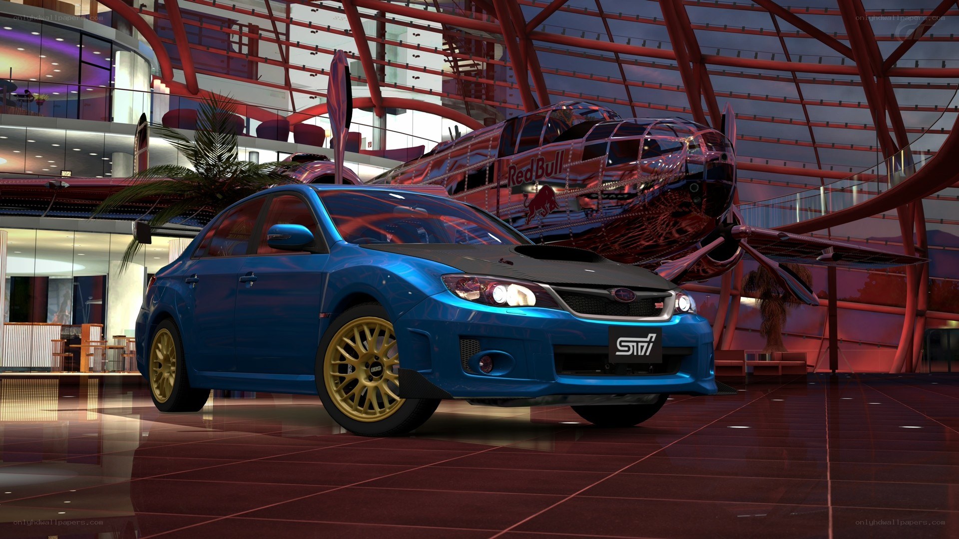 Blue Subaru STI in showroom