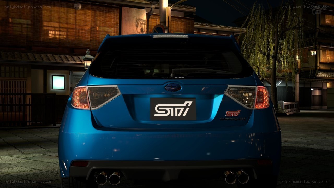 blue subaru sti rear view