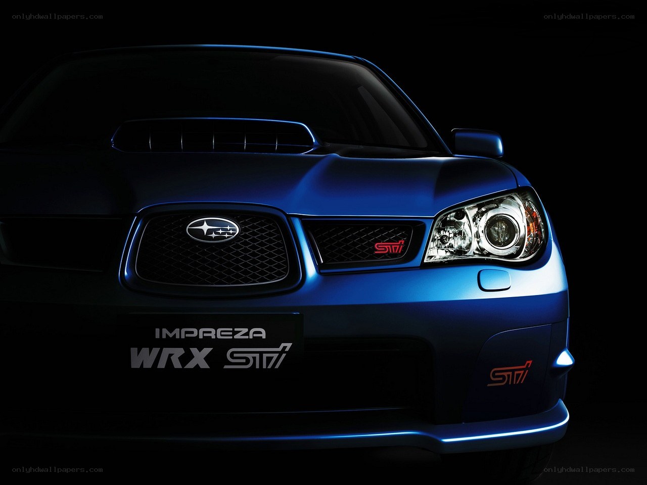Blue Subaru WRX STI front view