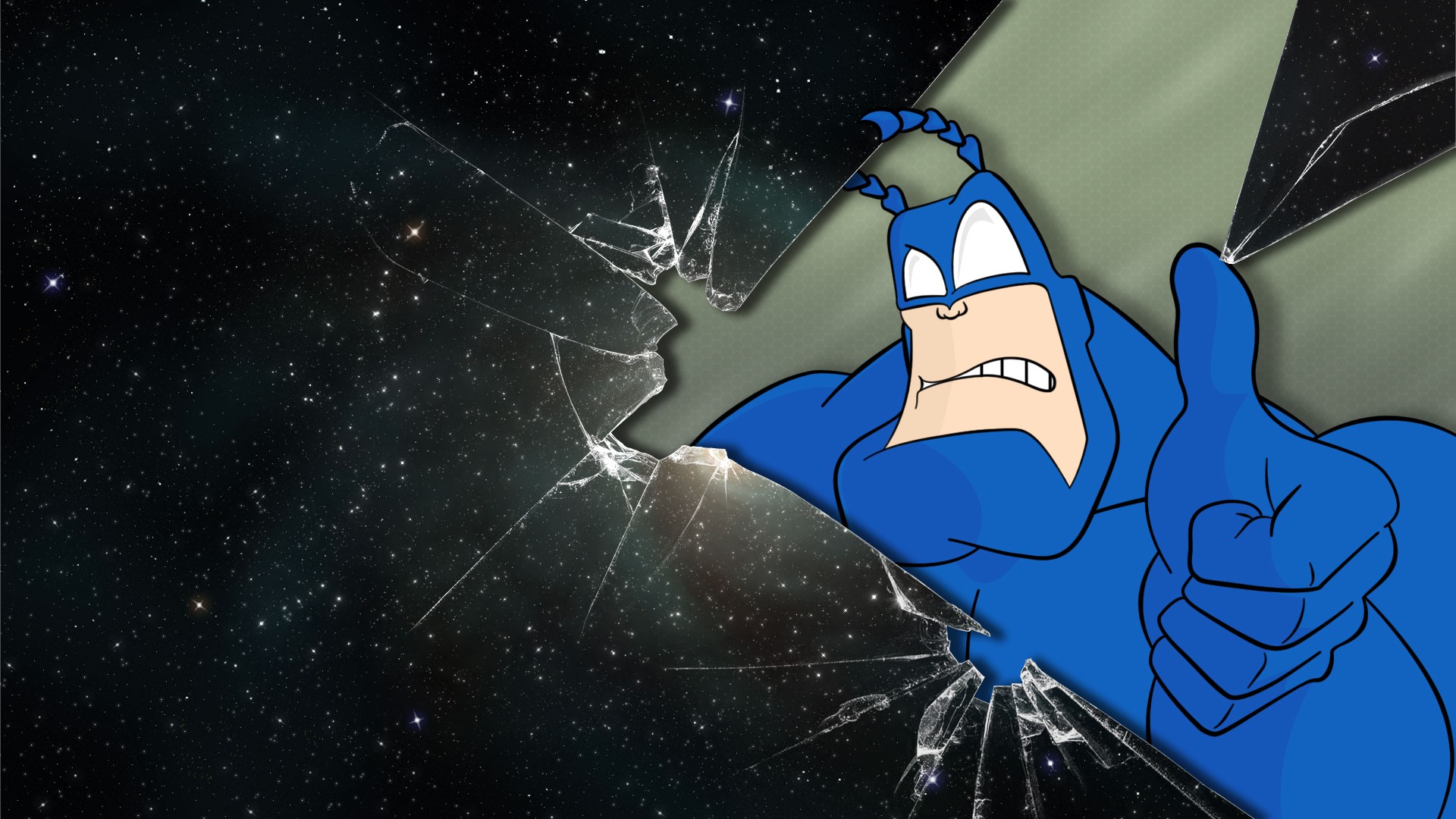 blue superhero breaking glass