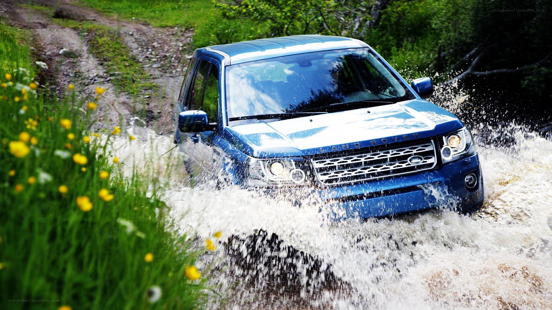 Blue SUV driving through water
