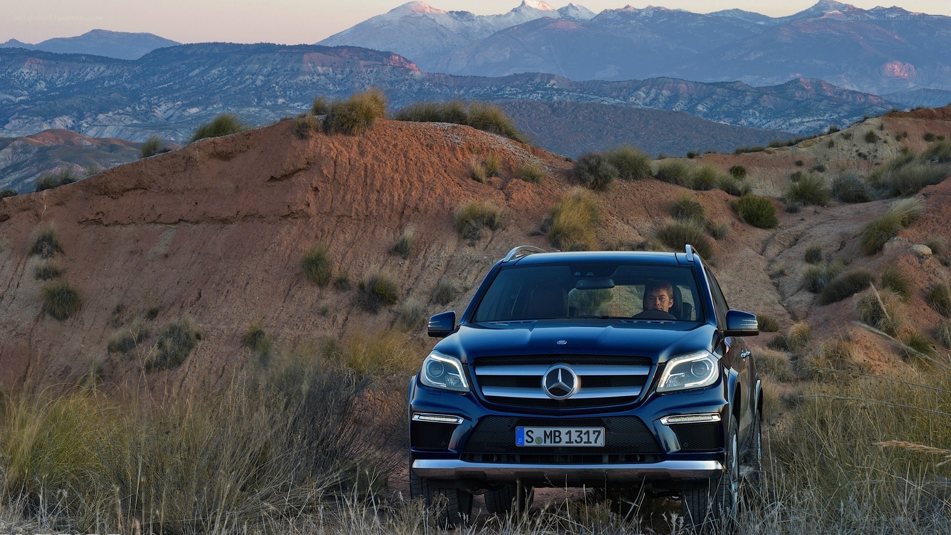 Blue SUV in desert landscape