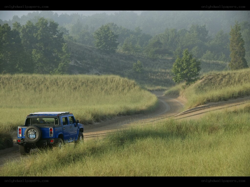 Blue SUV on a dirt road