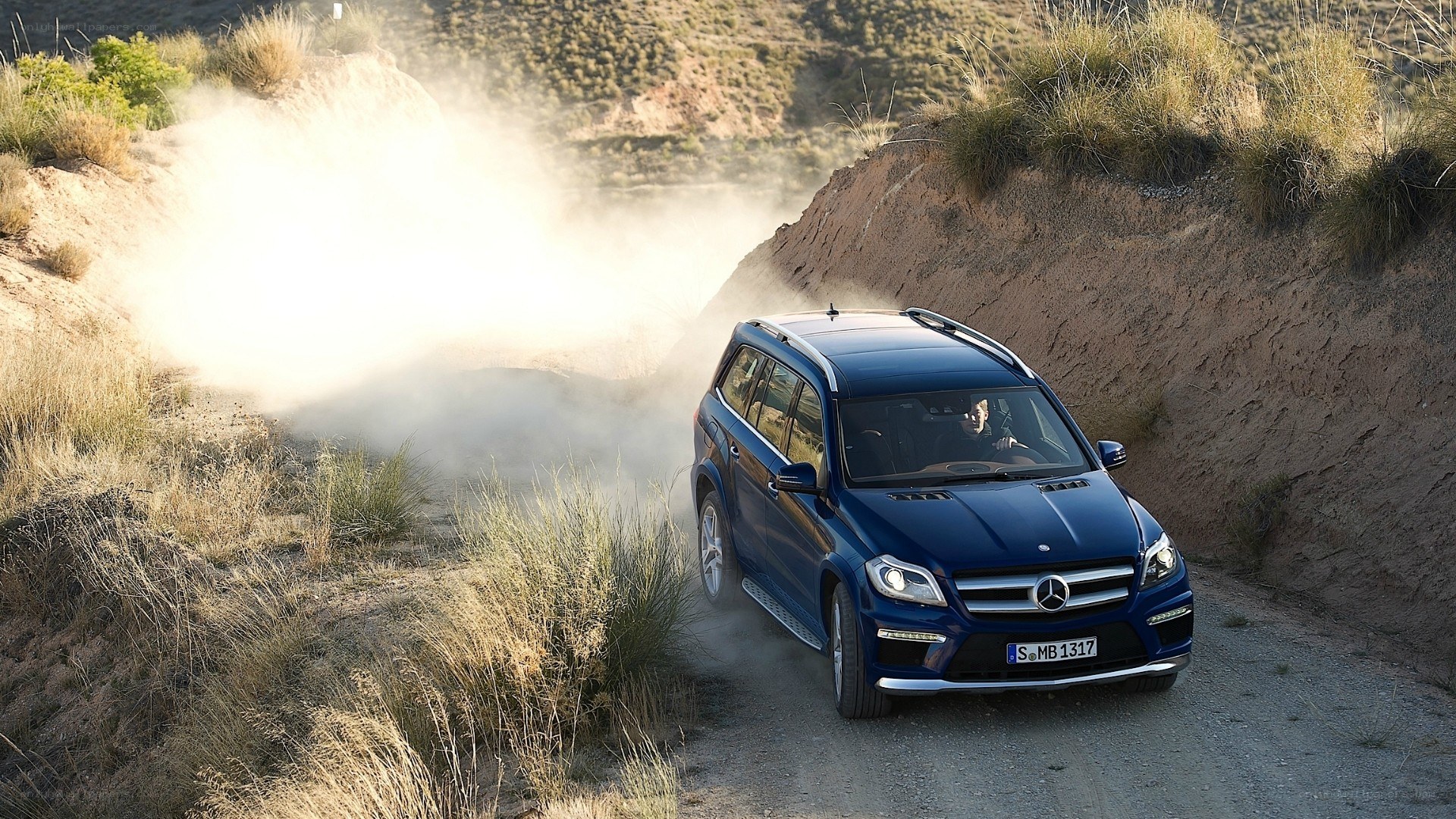 Blue SUV on dusty trail