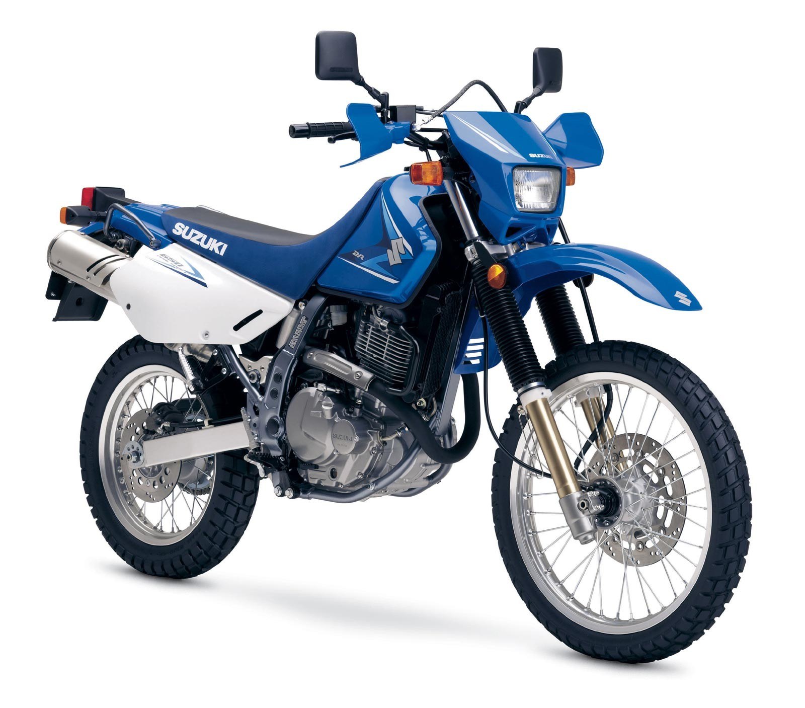 Blue Suzuki DR650 motorcycle
