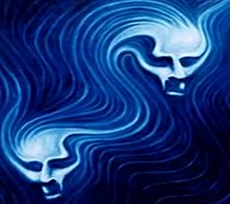 Blue swirling skull faces