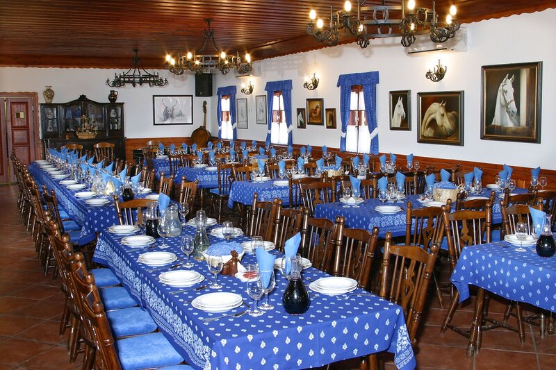 Blue tablecloths in dining hall