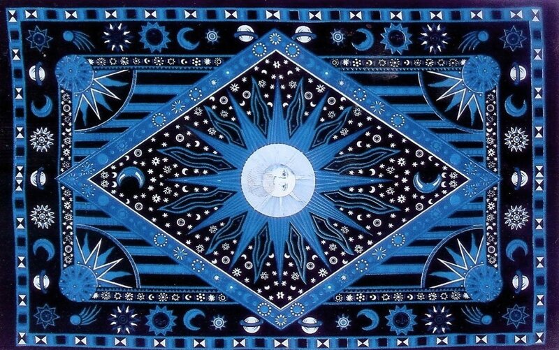 Blue Tapestry with Celestial Symbols