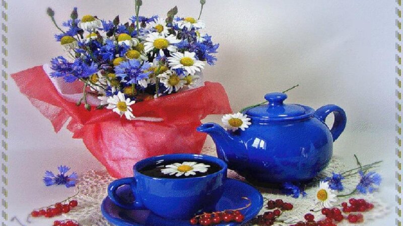 Blue Teapot with Flowers — Serene, Morning