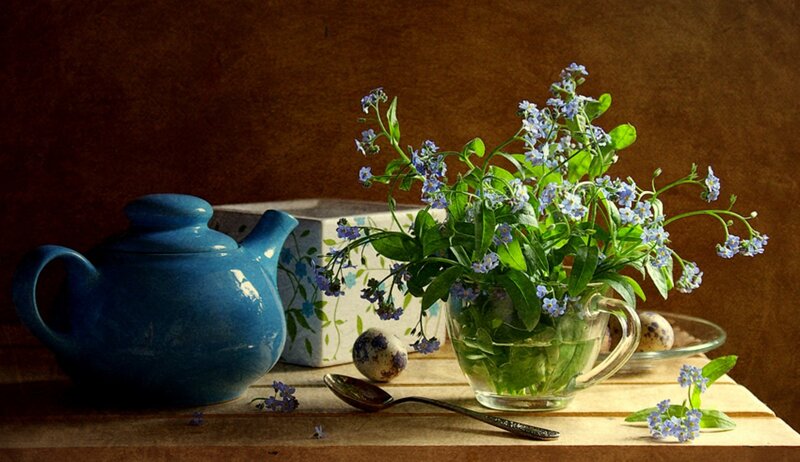 Blue Teapot with Flowers